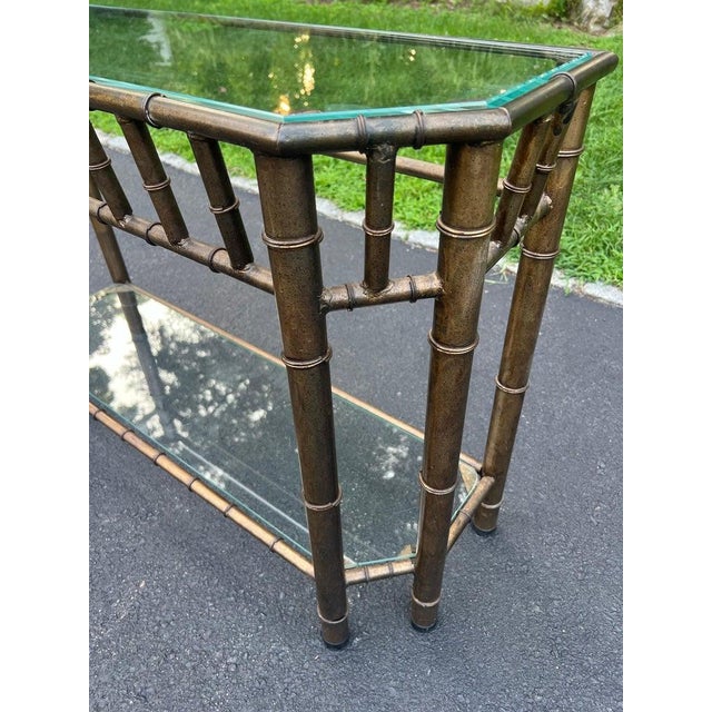 Faux Bamboo Bronze Metal and Glass Sofa Table For Sale - Image 11 of 18