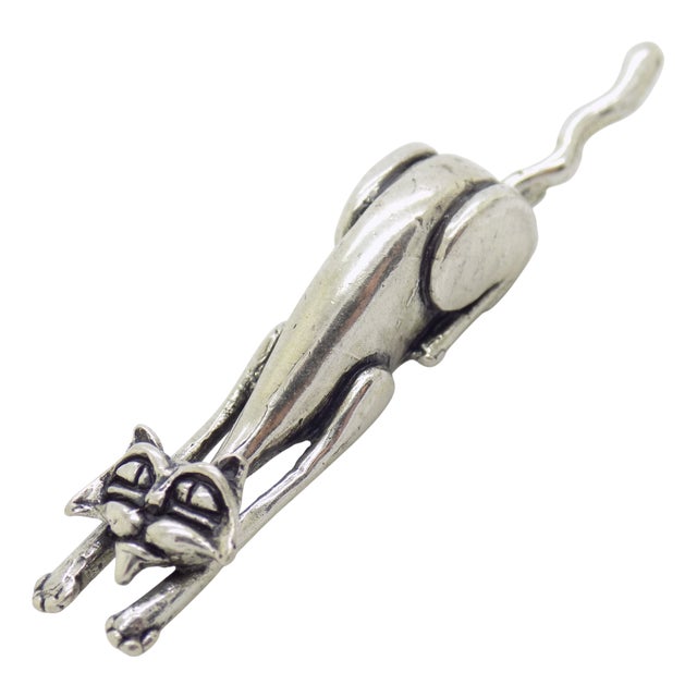 Vintage Italian Silver Stretching Cat Figurine, 1980s For Sale