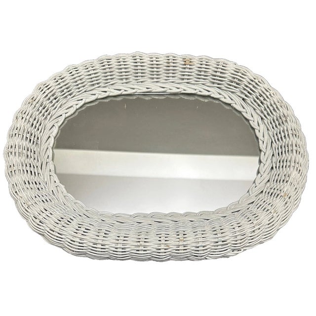 Shabby Chic Vintage White Wicker Oval Mirror For Sale - Image 3 of 6
