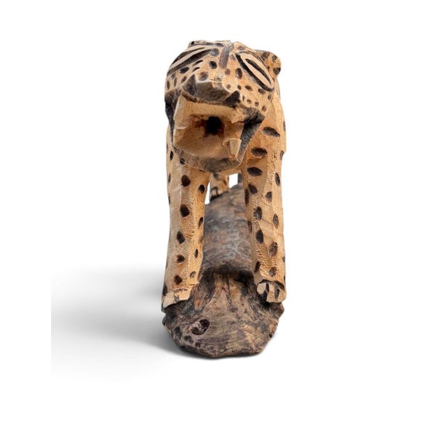 Vintage Hand-Carved African Folk Art Spotted Leopard Sculpture on Wood Base For Sale In Miami - Image 6 of 8