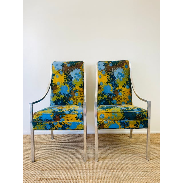 Mid-Century Modern Vintage 1970s Set of 6 Milo Baughman X Jack Lenor Larsen Floral Upholstered Dining Chairs Mid Century Modern For Sale - Image 3 of 10