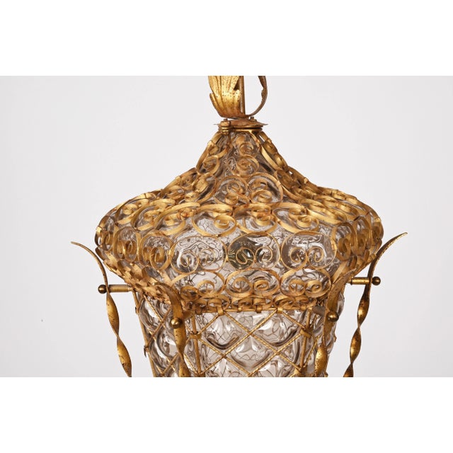 Mid-Century Venetian Mouth-Blown Glass Lantern in Gold Painted Metal Frame, 1940s For Sale - Image 10 of 18