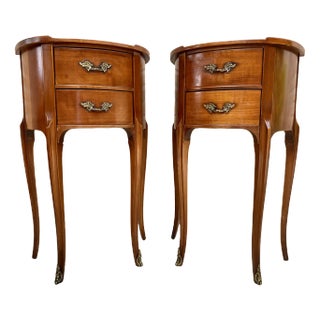 French Walnut Demilune Bedside Tables or Nightstands with 2 Drawers, Set of 2 For Sale