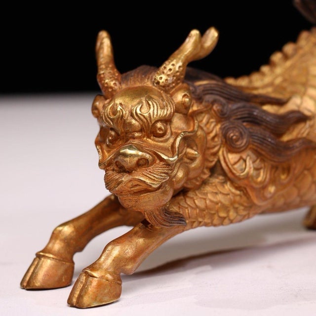 Solid Copper Gilt Pair of Golden Qilin Statues (Running Posture) - Auspicious Wealth-Drawing Bronze Qilin Figurines For Sale - Image 9 of 9