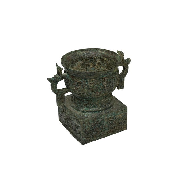 Asian Vintage Style Ancient Ritual Bronze Vessel Display Art For Sale - Image 3 of 11