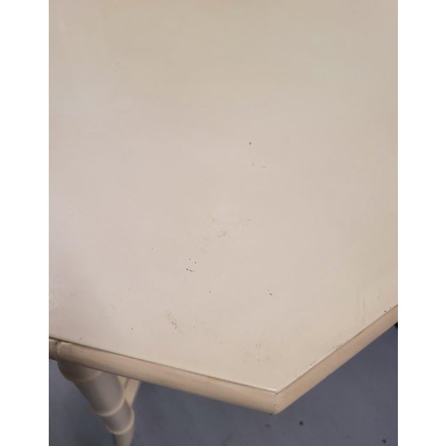 Vintage Off White Fretwork Faux Bamboo Octagonal Oversized Glass Top Side Tables- A Pair For Sale - Image 9 of 11