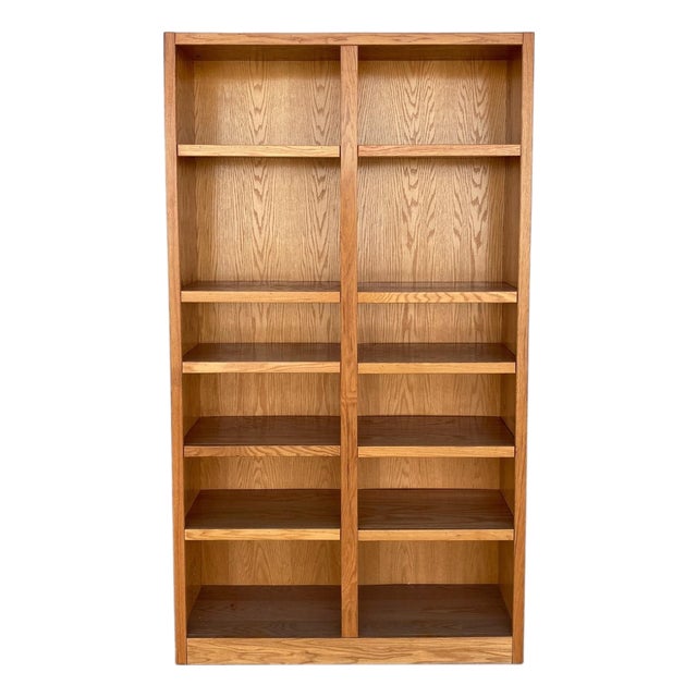 Vintage Oak Double-Column Bookcase, Tall Open Shelving Cabinet For Sale