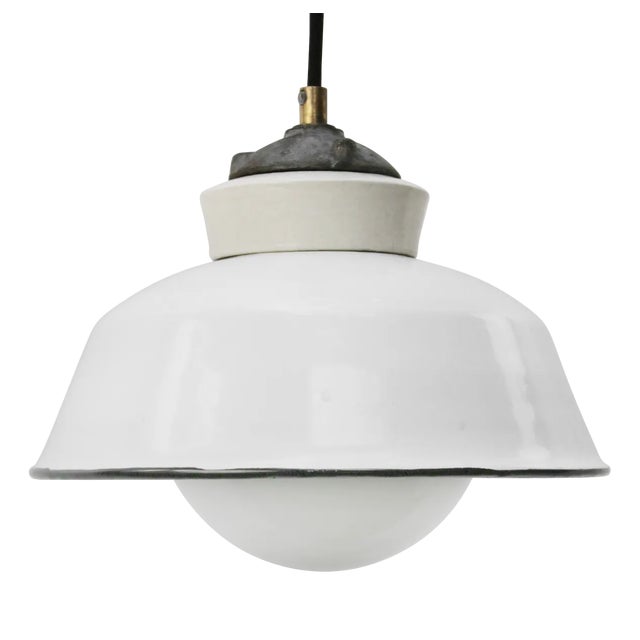 Vintage Industrial White Enamel, Cast Iron & Porcelain Pendant Light, 1950s For Sale