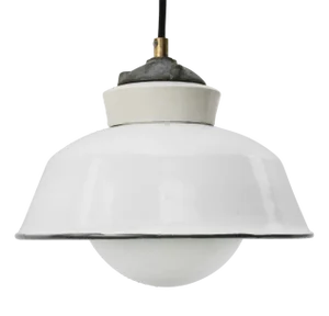 Vintage Industrial White Enamel, Cast Iron & Porcelain Pendant Light, 1950s