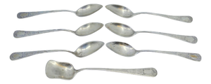Coffee Spoons and Sugar Shovel in Brushed Silver with Monogram Card Handles, Set of 6