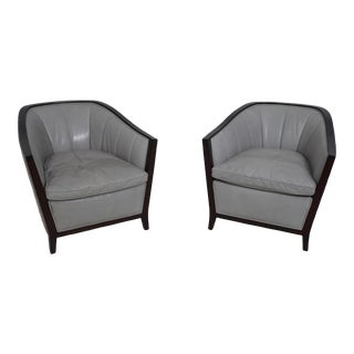 Pair Baker Modern Design Gray Leather Club Chairs For Sale