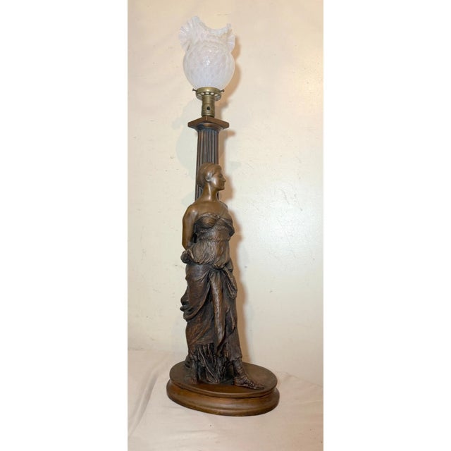 1920s Huge Antique Marion Bronze Clad Co. Opal Glass Figural Lady Woman Table Lamp For Sale - Image 5 of 18