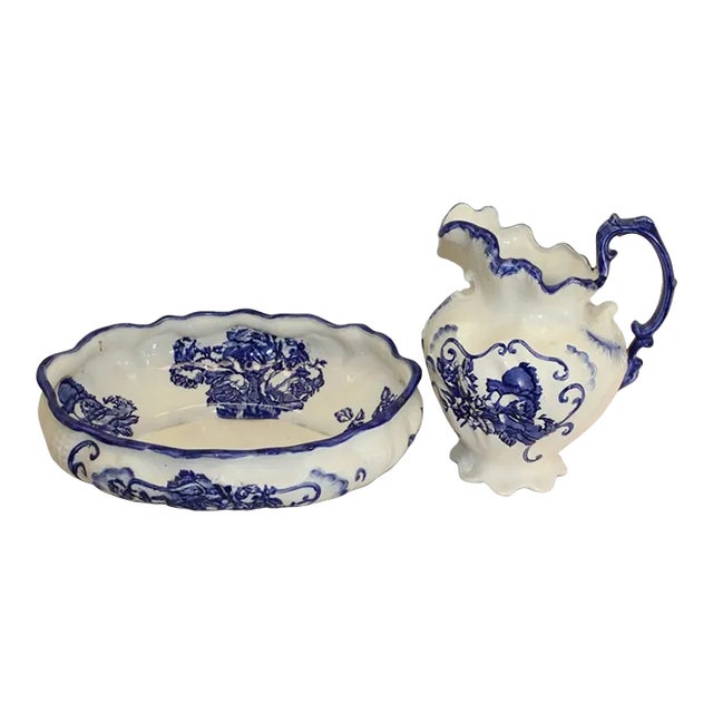 Late 20th Century Staffordshire English Ironstone Hand Painted Porcelain Bowl & Pitcher For Sale