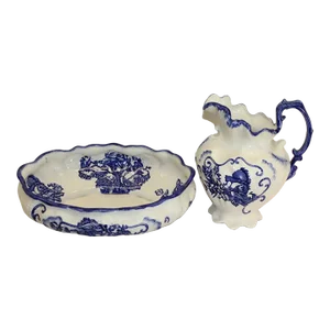 Late 20th Century Staffordshire English Ironstone Hand Painted Porcelain Bowl & Pitcher
