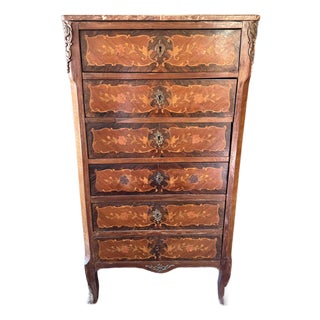 Antique Walnut 6-Drawer Chest With Floral Marquetry and Stone Top For Sale
