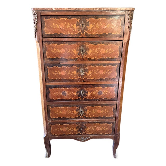 Antique Walnut 6-Drawer Chest With Floral Marquetry and Stone Top For Sale