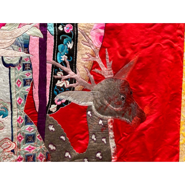 Vintage Chinese Shoulao Longevity Peach Deer Embroidery Fabric Tapestry Art For Sale - Image 16 of 16