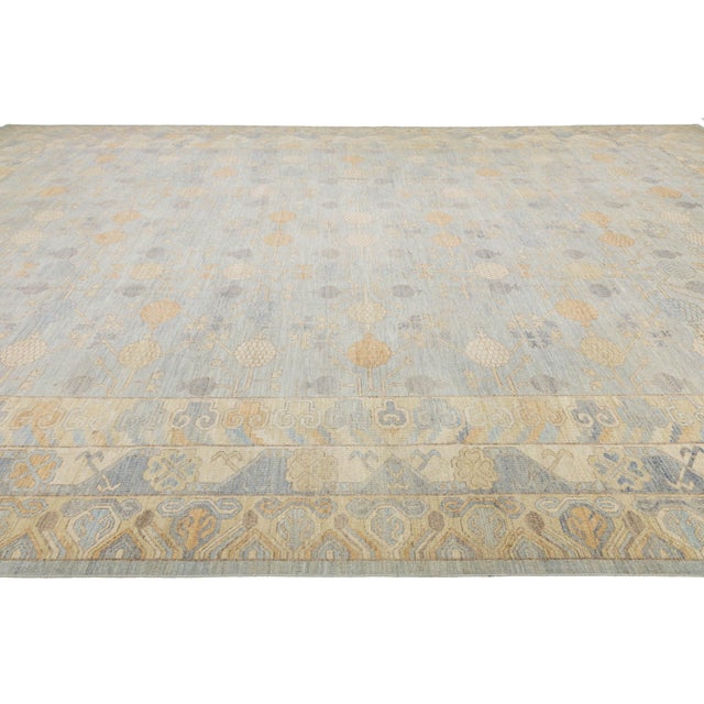 2010s 14x21 Modern Khotan HandKnotted Wool Rug – Blue, Ivory & Gold Pomegranate Design For Sale - Image 5 of 11