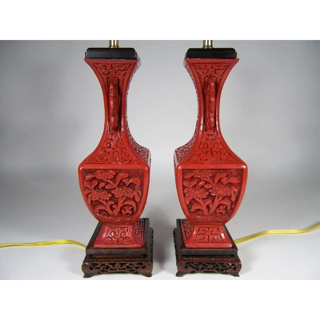 Antique Chinese Red Cinnabar Lacquer Vase Table Lamps With Shades - a Pair For Sale In Raleigh - Image 6 of 12