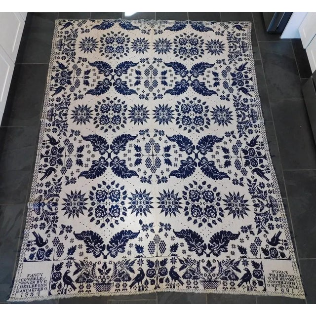 19th Century George Heilbronn Blue Jacquard Coverlet Dated 1854 Lancaster Ohio For Sale - Image 9 of 12
