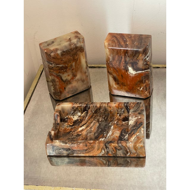 Mid-Century Modern Mid Century Modern Faux Marbke Bookends + Tray For Sale - Image 3 of 4