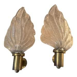 Pair of Italian Vintage Mid Century Modern Glass Leaf Sconces Murano Style Leaf Shape