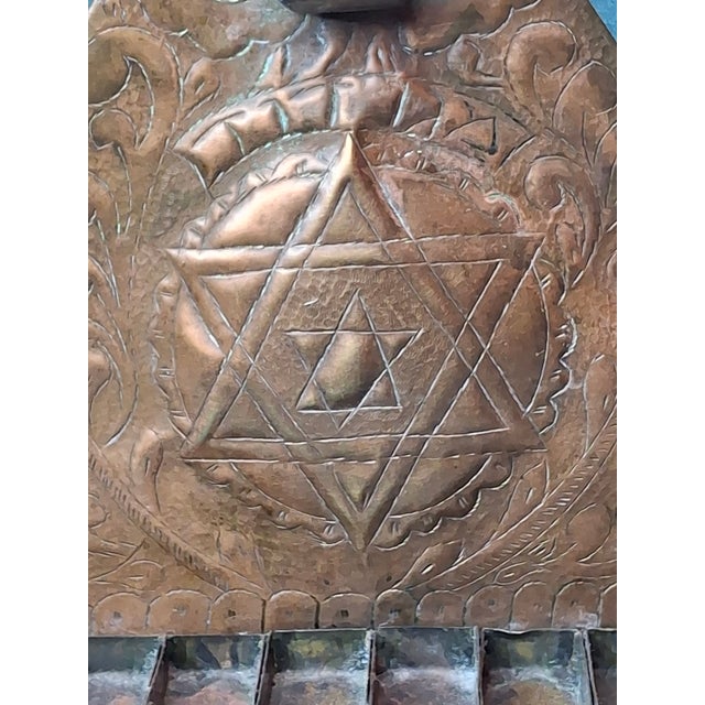 Brass Rare 19thC Moroccan Brass Hanukkah Menorah Hand-Repoussé Maghrebi Judaica Oil For Sale - Image 8 of 17