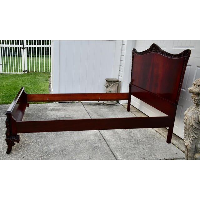 Vintage Carved Mahogany French Style Full Size Bed W/Flame Grain Panels