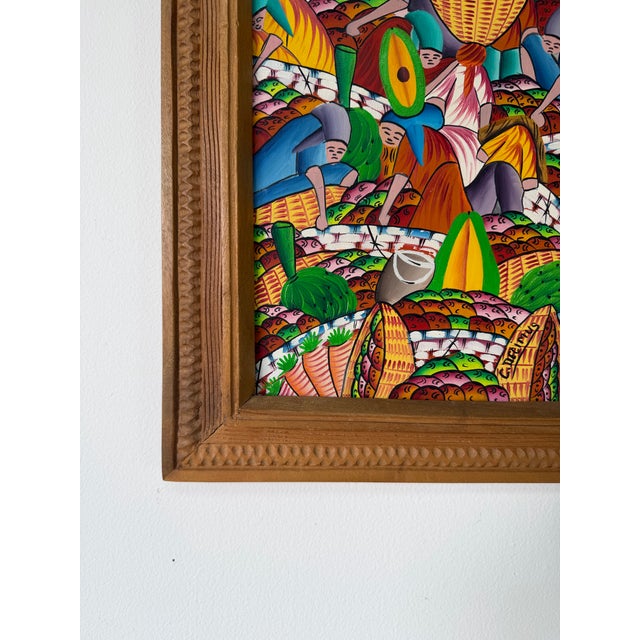 Wood 1970’s Carlo Decimus Haitian Folk Art Fruit Market Oil on Canvas Painting, Framed For Sale - Image 7 of 12