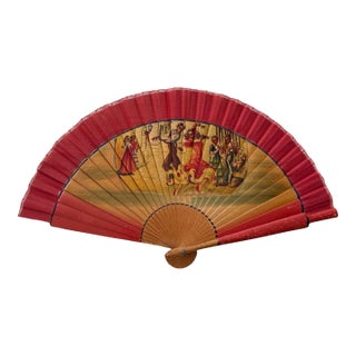 Antique Wooden Hand Painted Fan With Linen Transfer. Spanish Flamenco Dancers. Very Old For Sale