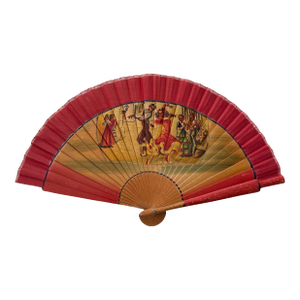 Antique Wooden Hand Painted Fan With Linen Transfer. Spanish Flamenco Dancers. Very Old