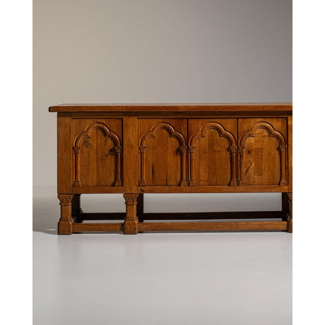 Brown 1970-1979 France Rich Walnut Brown Carved Walnut Gothic-Arch Buffet For Sale - Image 8 of 11