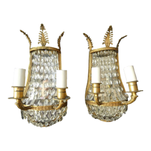 C1900 Antique Neoclassical Style French Gilt Bronze/ Mirror Back/ Crystal Wall Sconces Attrib. Maison Bagues a Pair