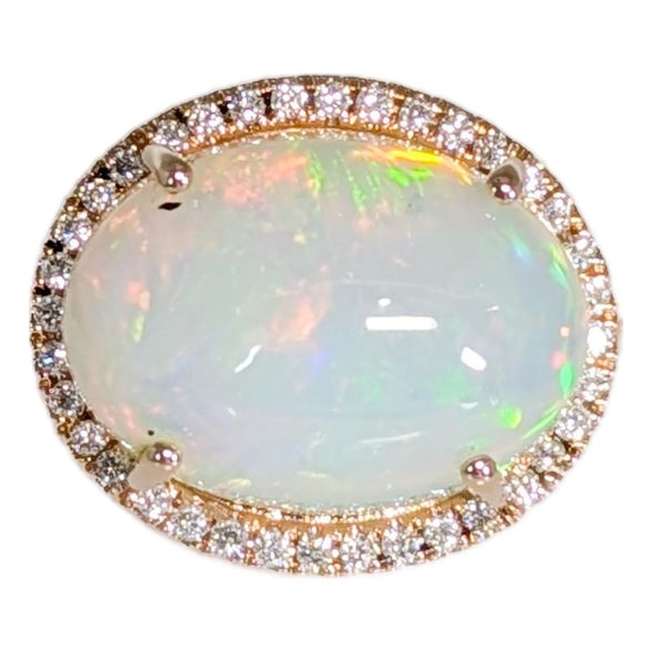 6.77ct Ethiopian Opal W Natural Diamond Halo in Solid 14k Gold | Ov 15x12mm, Size 6.75 For Sale