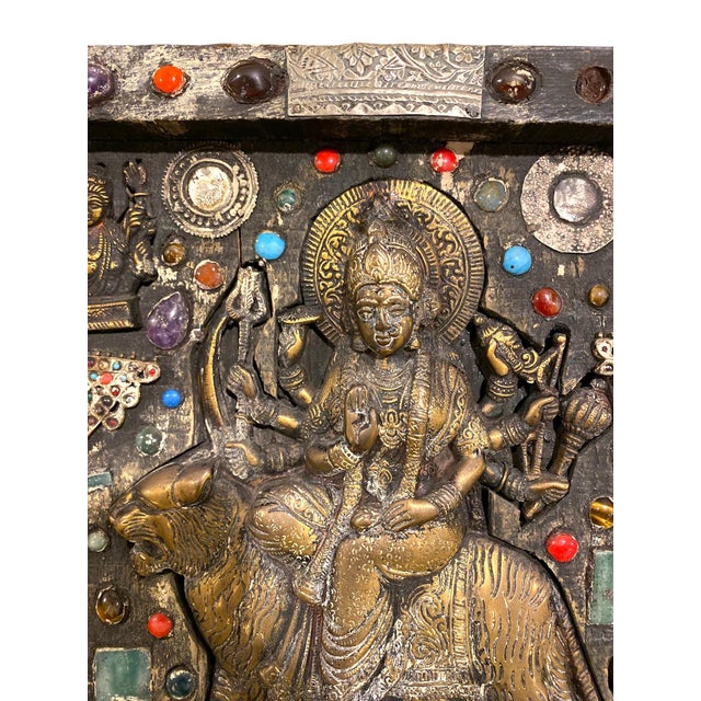 Religious Antique Nepalese Durga Hindu Shrine Brass Wood Stone Inlaid Wall Plaque C1900 For Sale - Image 3 of 16