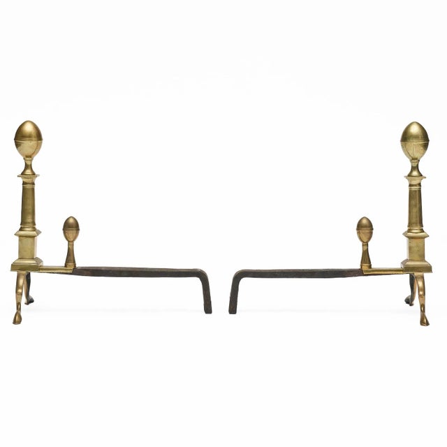 Tall Antique 18th Century Boston American Federal Column Form Brass Andirons With Lemon Top Finials Circa 1790 - A Pair For Sale - Image 4 of 5