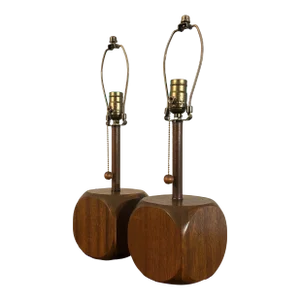 Mid Century Modern Cube Wood Table Lamps, a Pair