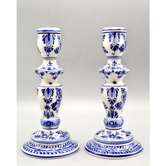 Delft Blue & White Dutch Delft Faience Candle Holders, a Pair For Sale - Image 4 of 7