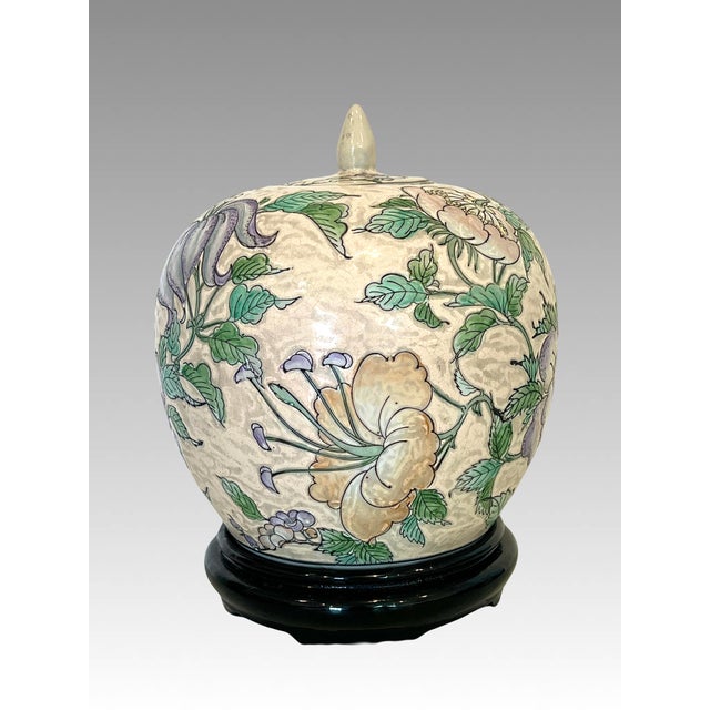 Apricot Vintage 'Macau'/ Chinese Pale Apricot Porcelain Ginger Jar (Macao) With Exotic Flowers Tongzhi Style (Macanese) For Sale - Image 8 of 13