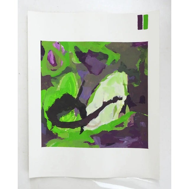 Late 20th century gouache on paper abstract painting in green, purples and black. Unsigned. Unframed, image size 9" square.