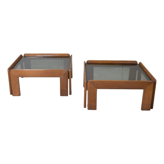 Italian Walnut and Smoked Glass Coffee Tables by Afra & Tobia Scarpa, 1970s, Set of 2 For Sale