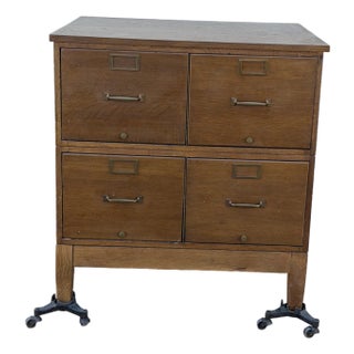 Antique Oak Four-Drawer Filing Cabinet on Cast Iron Casters, Circa 1900–1920 For Sale