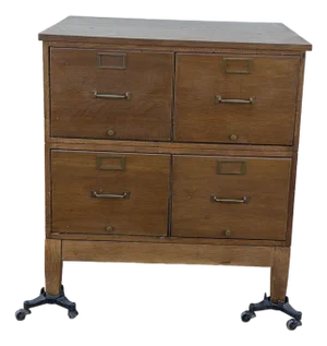 Antique Oak Four-Drawer Filing Cabinet on Cast Iron Casters, Circa 1900–1920