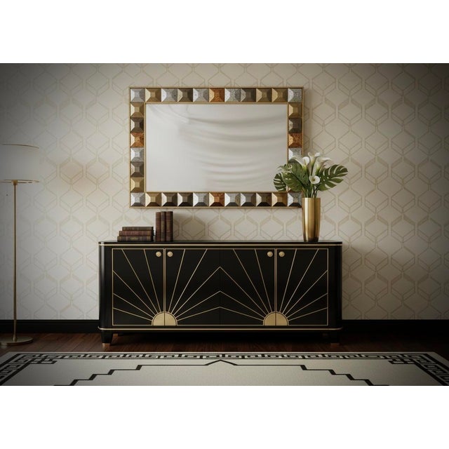 A strong brass color frame reach the eye of the beholder leaving him entranced; of Murano multi color art glass wall...