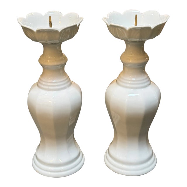Lotus Shaped Ceramic Candle Holders, Pair For Sale