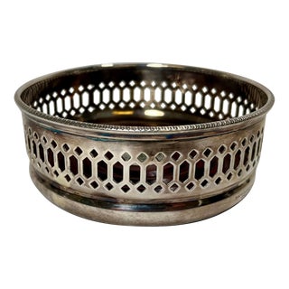 Vintage Silver Plate Wine Coaster With Intricate Cut Out Design and Wooden Bottom Made in England - Circa 1930’s For Sale