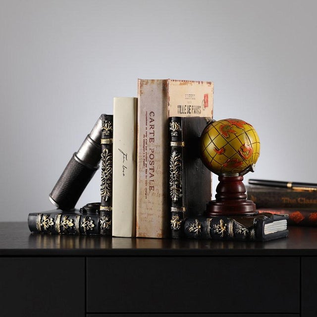 Brown Vintage Nautical Themed Resin Bookends With Globe & Antique Books For Sale - Image 8 of 12
