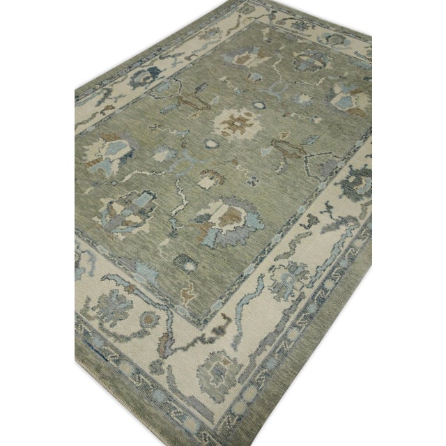 Early 21st Century Early 21st Century Green Floral Design Handwoven Wool Turkish Oushak Rug 6'3" X 8'11" For Sale - Image 5 of 8
