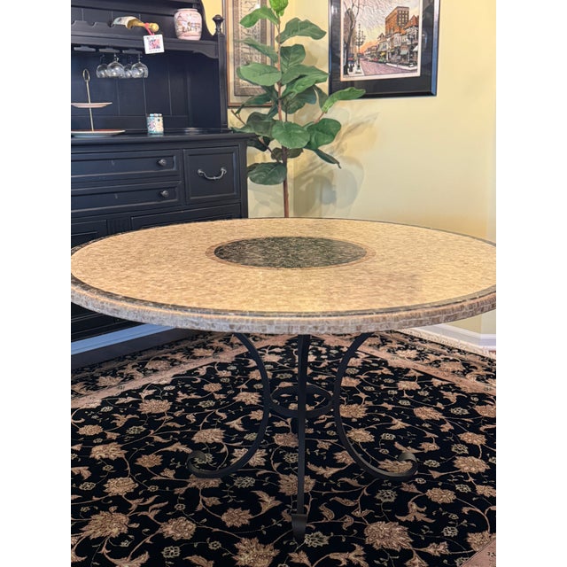 2000 - 2009 Arhaus Italian Travertine Mosaic Dining Table, 54" Round, Wrought Iron Base For Sale - Image 5 of 8