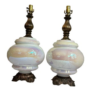 Pair of 1970s Hollywood Regency Phoenix Oversize Opalescent Iridescent White Glass Lamps For Sale